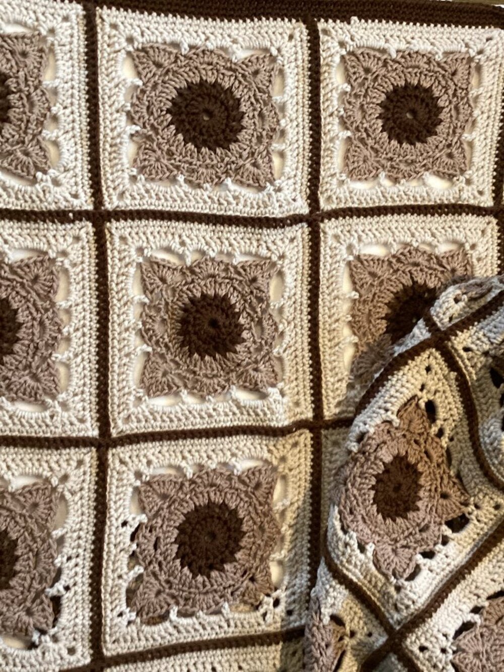 Handmade Crochet Granny Square Blanket Brown Cream 64x64